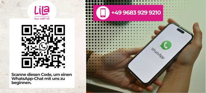 WhatsApp-Kontaktbanner von Lila Bus-Shop mit QR-Code, Telefonnummer +49 9683 929 9210 und Smartphone mit WhatsApp-Logo.